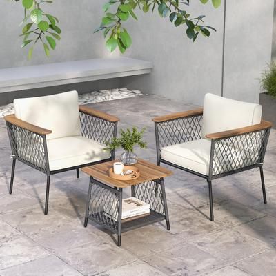 Outdoor Rattan Chair Set 3 Piece Patio Furniture With 2 Tier Coffee Table & Cushions Outdoor Rattan Chair Set 3 Piece Patio Furniture With 2 Tier Coffee Table & Cushions