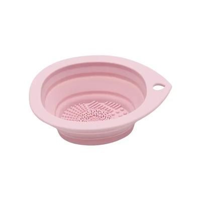 Silicone Makeup Brush Cleaner Foldable Cleaning Bowl & Powder Puff Scrubber pink