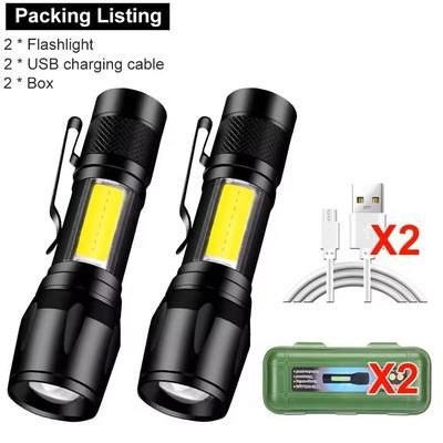Mini LED Flashlight With COB+XPE USB Rechargeable, Zoomable Focus, Tactical Design With Pen Clip 2pcs With Box