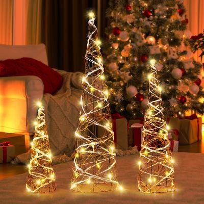 LED Lighted Rattan Cone Trees, Set Of 3 Decorative Metal Frame Holiday Trees LED Lighted Rattan Cone Trees, Set Of 3 Decorative Metal Frame Holiday Trees