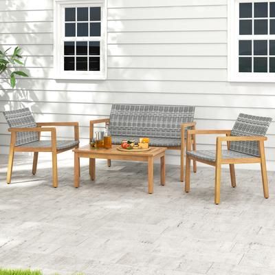 4 Piece Patio Furniture Set With Loveseat, Single Chairs & Coffee Table, Acacia Wood & PE Rattan 4 Piece Patio Furniture Set With Loveseat, Single Chairs & Coffee Table, Acacia Wood & PE Rattan