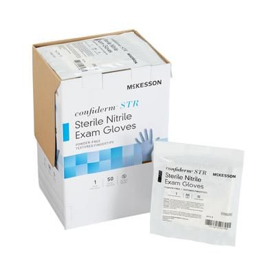 McKesson Confiderm STR Exam Glove X-Large Sterile Pair Nitrile Standard Cuff Length Textured Fingertips Blue Not Rated (1065408_CS)