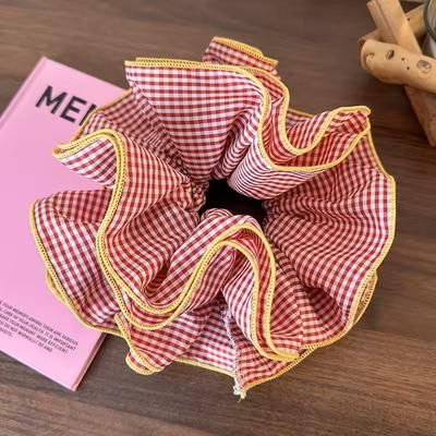 Retro Colorful Ruffle Hair Scrunchies Sweet Headbands & Rubber Bands Set pink Checkered