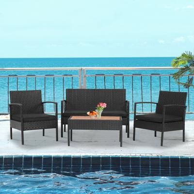 4 Piece Cushioned Patio Rattan Set With Wooden Tabletop, Weather Resistant Outdoor Furniture 4 Piece Cushioned Patio Rattan Set With Wooden Tabletop, Weather Resistant Outdoor Furniture