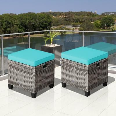 2PCS Patio Rattan Wicker Ottoman Seat With Removable Cushions Turquoise Outdoor Footrest & Extra Seating 2PCS Patio Rattan Wicker Ottoman Seat With Removable Cushions Turquoise Outdoor Footrest & Extra Seating