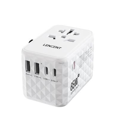 LENCENT 65W GaN Universal Travel Adapter With USB And Type C Ports For Fast Charging In EU UK USA AUS Regions white