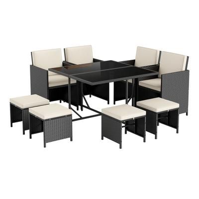 Modern Patio Dining Set With Tempered Glass Table And Cushioned Ottomans, Space Saving Outdoor Furniture For Backyard Modern Patio Dining Set With Tempered Glass Table And Cushioned Ottomans, Space Saving Outdoor Furniture For Backyard