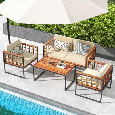 Outdoor Acacia Wood Patio Sofa Set With Cushions, Perfect For Balcony, Porch, Backyard, Poolside Seating & Coffee Table Outdoor Acacia Wood Patio Sofa Set With Cushions, Perfect For Balcony, Porch, Backyard, Poolside Seating & Coffee Table