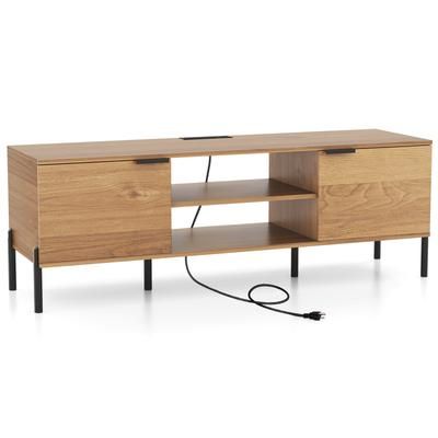 Modern Door TV Stand With Charging Station, Open Storage & Cable Management, Fits Flat TVs, Natural Wood Grain Design Modern Door TV Stand With Charging Station, Open Storage & Cable Management, Fits Flat TVs, Natural Wood Grain Design