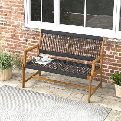 Outdoor Acacia Wood Bench With Rope Woven Backrest & Armrests Sturdy 2 Person Seating For Garden, Patio & Backyard Outdoor Acacia Wood Bench With Rope Woven Backrest & Armrests Sturdy 2 Person Seating For Garden, Patio & Backyard