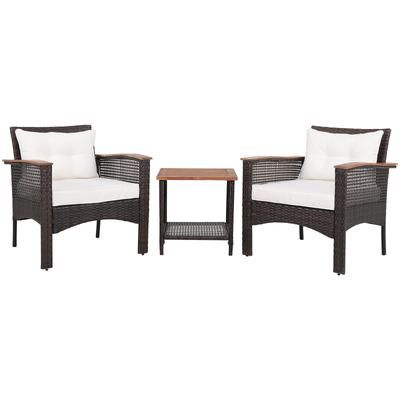 Outdoor Patio Rattan Furniture Set With Acacia Wood Tabletop, PE Wicker Sofa Set With Armrests & Coffee Table Outdoor Patio Rattan Furniture Set With Acacia Wood Tabletop, PE Wicker Sofa Set With Armrests & Coffee Table
