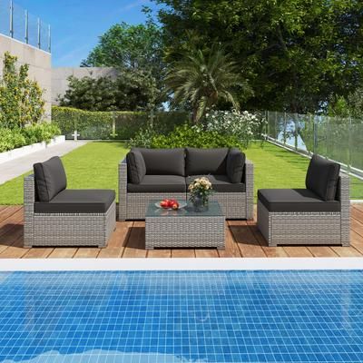 5 Piece Outdoor Patio Sectional Sofa Set With Glass Coffee Table & Cushions Rattan Furniture For Garden, Poolside 5 Piece Outdoor Patio Sectional Sofa Set With Glass Coffee Table & Cushions Rattan Furniture For Garden, Poolside