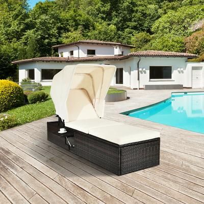 Chaise Cushioned Top Canopy Patio Rattan Lounge Chair With Tea Table Adjustable & Weather Resistant Chaise Cushioned Top Canopy Patio Rattan Lounge Chair With Tea Table Adjustable & Weather Resistant