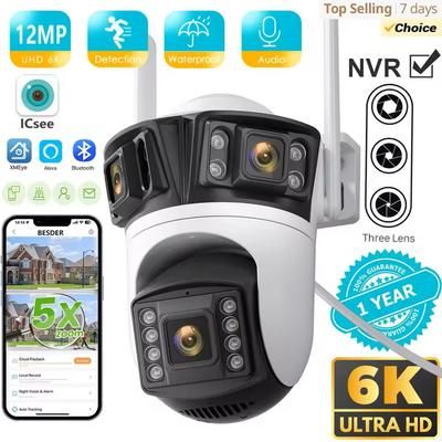 Outdoor Three Lens IP Security Camera With AI Detection And 6K HD Resolution uk Plug 12mp 128g Sd Card