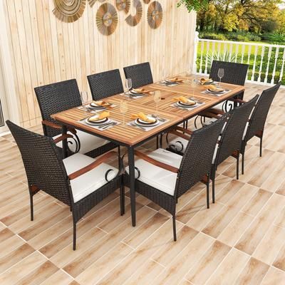 79" Outdoor Dining Set With Acacia Wood Table & 8 Rattan Woven Chairs Weather Resistant Patio Furniture 79" Outdoor Dining Set With Acacia Wood Table & 8 Rattan Woven Chairs Weather Resistant Patio Furniture