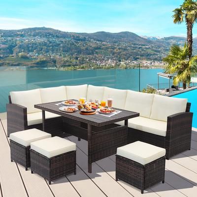 Cozy Wicker Patio Furniture Set, 7 Piece Hand Woven Rattan Sofa & Table For Outdoor Relaxation Cozy Wicker Patio Furniture Set, 7 Piece Hand Woven Rattan Sofa & Table For Outdoor Relaxation