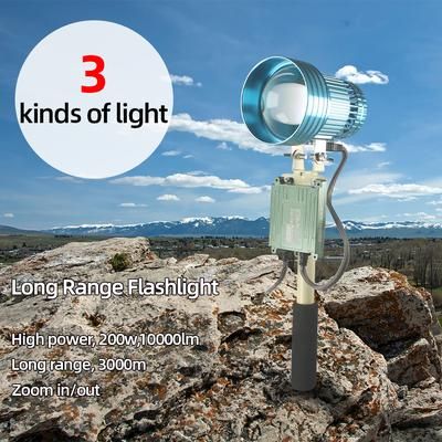 200W High Power Searchlight, Portable Long Range Flashlight With 3000m Zoomable Warm Light For Hunting & Outdoor 200W High Power Searchlight, Portable Long Range Flashlight With 3000m Zoomable Warm Light For Hunting & Outdoor