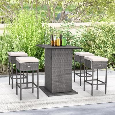 5 Piece Outdoor Wicker Bar Table Set With Hidden Storage Shelves White, Patio Furniture For Backyard & Poolside 5 Piece Outdoor Wicker Bar Table Set With Hidden Storage Shelves White, Patio Furniture For Backyard & Poolside
