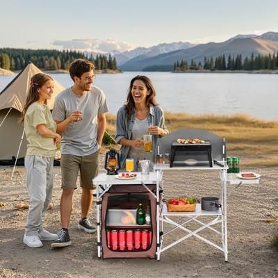 Portable Camping Kitchen Table, Foldable Picnic Cabinet With Storage Rack, Windshield & Side Tables Portable Camping Kitchen Table, Foldable Picnic Cabinet With Storage Rack, Windshield & Side Tables