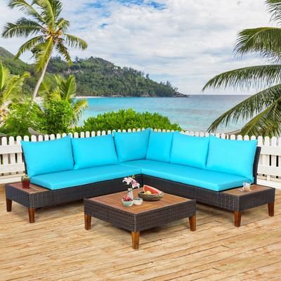 4 Piece Patio Cushioned Rattan Furniture Set With Wooden Side Table Outdoor Conversation Set 4 Piece Patio Cushioned Rattan Furniture Set With Wooden Side Table Outdoor Conversation Set