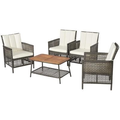Outdoor Patio Rattan Furniture Set With Cushioned Sofa And Armrest, PE Wicker Chairs & Wooden Coffee Table Outdoor Patio Rattan Furniture Set With Cushioned Sofa And Armrest, PE Wicker Chairs & Wooden Coffee Table