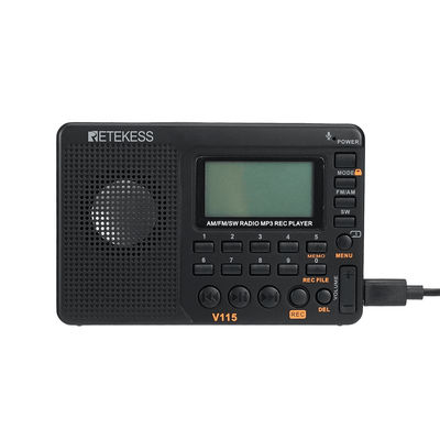 RETEKESS V115 Portable Radio With FM AM SW Bands Rechargeable USB MP3 Recorder And Speaker For Home And Travel black