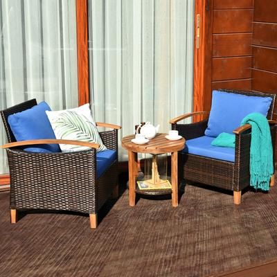 3 Piece Patio Wicker Furniture Set With Washable Cushions & Acacia Wood Tabletop 3 Piece Patio Wicker Furniture Set With Washable Cushions & Acacia Wood Tabletop