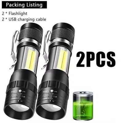 Rechargeable Mini LED Flashlight With Zoom And Waterproof Design 2pcs