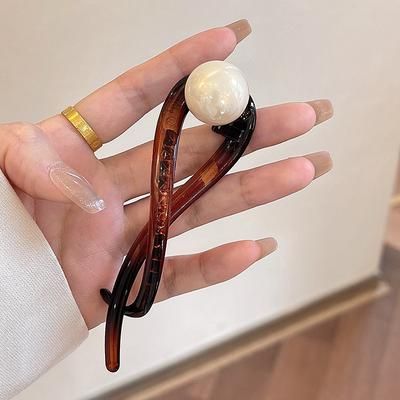 Twisted Design Twist Hair Clip With Acrylic Beads & Imitation Pearls For Women tortoise White pearl