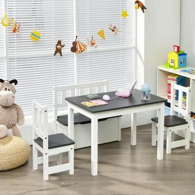4 Piece Kids Wooden Activity Table And Chairs Set With Storage Bench & Study Desk 4 Piece Kids Wooden Activity Table And Chairs Set With Storage Bench & Study Desk