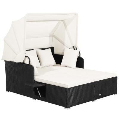 Luxury Patio Rattan Daybed With Retractable Canopy And Side Tables, Outdoor Wicker Sofa Lounger With Cushions Luxury Patio Rattan Daybed With Retractable Canopy And Side Tables, Outdoor Wicker Sofa Lounger With Cushions