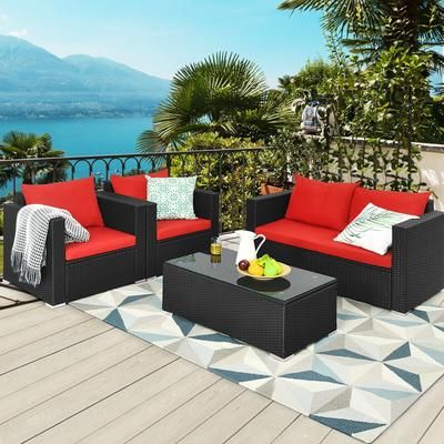 4 Pieces Patio Rattan Conversation Set With Padded Cushions, Outdoor Wicker Furniture Set With Coffee Table For Garden 4 Pieces Patio Rattan Conversation Set With Padded Cushions, Outdoor Wicker Furniture Set With Coffee Table For Garden