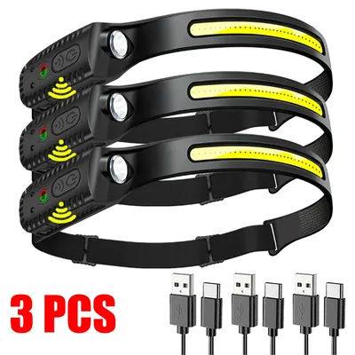 LED Sensor Headlamp USB Rechargeable Head Torch Waterproof Headlight Flashlight For Camping Hiking Fishing Outdoor 3pcs
