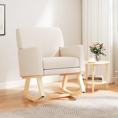 Stylish Upholstered Rocking Chair With Solid Wood Base Indoor & Outdoor Comfort Stylish Upholstered Rocking Chair With Solid Wood Base Indoor & Outdoor Comfort