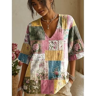 Maglietta 3D Donna Stampata Boho Grafica Piante Elegante Bohemia Vintage Maniche Corte Collo Rotondo Top Regolari Quotidiani Uscita Weekend Nero Giallo Rosa Viola Rosa Pinks Estate Primavera