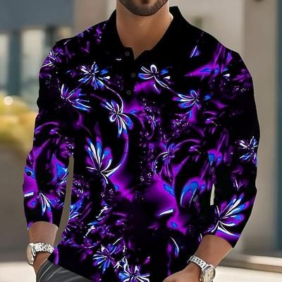 Per uomo Piante Fluorescente Polo Manica Lunga Magliette polo Bavero Casual Streetwear Athleisure Abbigliamento quotidiano Stampa 3D Bottoni Primavera Autunno Inverno Blu Viola Verde