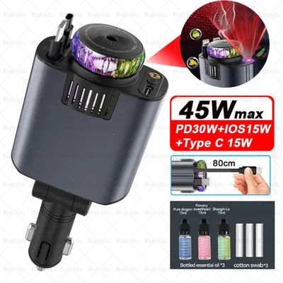 Diffuseur d'huiles essentielles d'aromathérapie de voiture 5 en 1, lumière étoilée, chargeur de téléphone rétractable 45W avec câble IOS Type C PD30W pour IPhone
