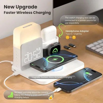 Caricatore sveglia MagSafe 7 in 1, stazione wireless per iPhone 12-16/Samsung/Xiaomi/Huawei/Apple Watch/AirPods con luce notturna