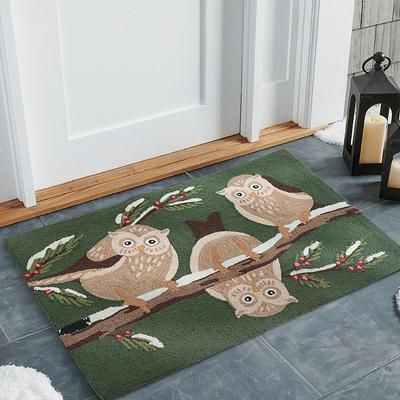 Winter Owls Hooked Door Mat - Green - Grandin Road