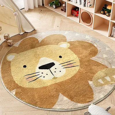 Lion Pattern Carpets for Living Room Fluffy Soft Children Mat Thick Plush Bedside Rug Cartoon Style Bedroom Decor Round Carpet