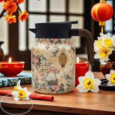 Thermos da tè con motivo floreale vintage, teiera isolata in acciaio inossidabile 316, grande capacità, bollitore per acqua calda con separazione del tè, design semplice per uso domestico, bollitore termico
