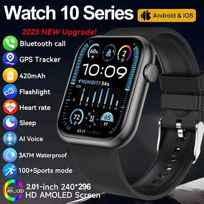 Smart Watch 10 Series Men Women 2.01'' HD AMOLED Heart Rate 100+Sport Bluetooth Call NFC GPS Track Waterproof Smartwatch For iOS