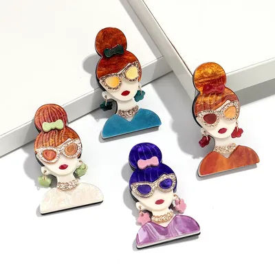 Glitter Colorful Sunglasses Girl Resin Brooches for Women Acrylic Spliced Bow Lady Figure Badge Pins Jewelry Clothes Accessories