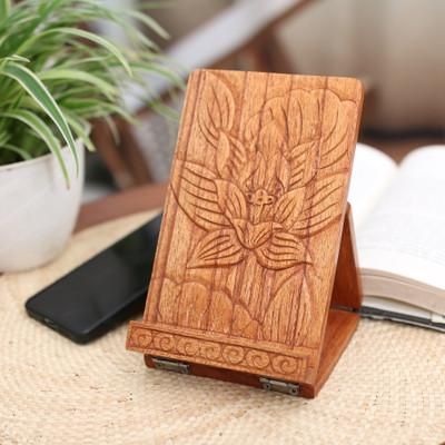 'Lotus Flower-Themed Hand-Carved Foldable Wood Tablet Stand'