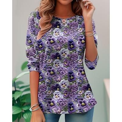 Per donna Maglietta Floreale Grafico Piante Vintage Moda Elegante Manica Lunga Girocollo Top Regolari Quotidiano Weekend Stampato Nero Rosa Blu Viola Verde Estate Primavera Autunno