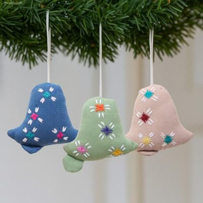 'Christmas-Themed Embroidered 3-Piece Rayon Bell Ornament Set'