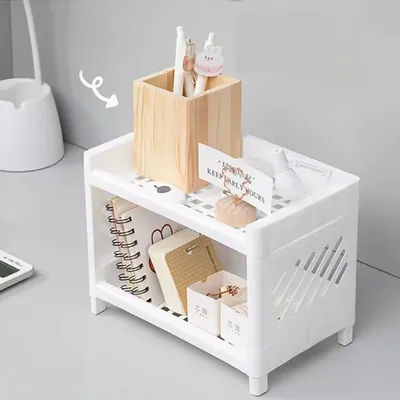 1PC PP Desktop Double Layer Storage Rack Rectangular White Organizing Student Desk Office Cosmetics Stationery