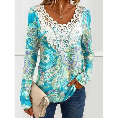 Blusa da donna tunica pizzo splicing scollo a V manica lunga grafica paisley piante scollo rotondo top regolari stampa quotidiana per uscite weekend pizzo patchwork nero primavera autunno prefestivo