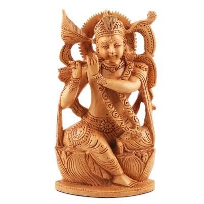 Benevolent Krishna,'Hand Carved Kadam Wood Krishna Sculpture'