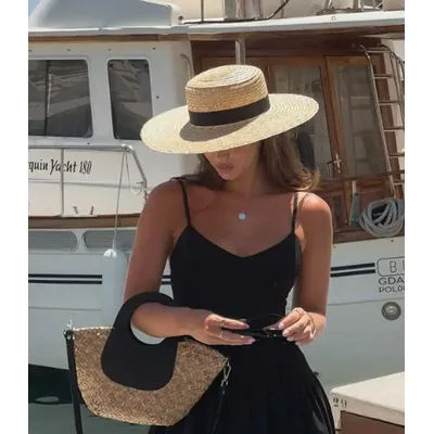Chapeau de paille bateau à large bord français élégant ruban carré chapeau de soleil pour femme chapeau de paille de vacances 모자 가